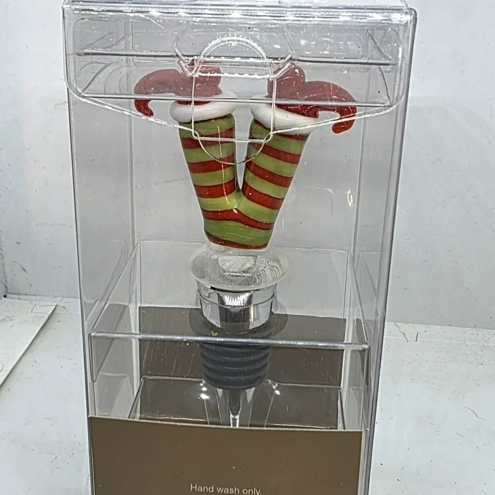 Pier 1 Elf Upside Down Red & Green Striped Pants & Red Shoes Bottle Stoppe - NIB